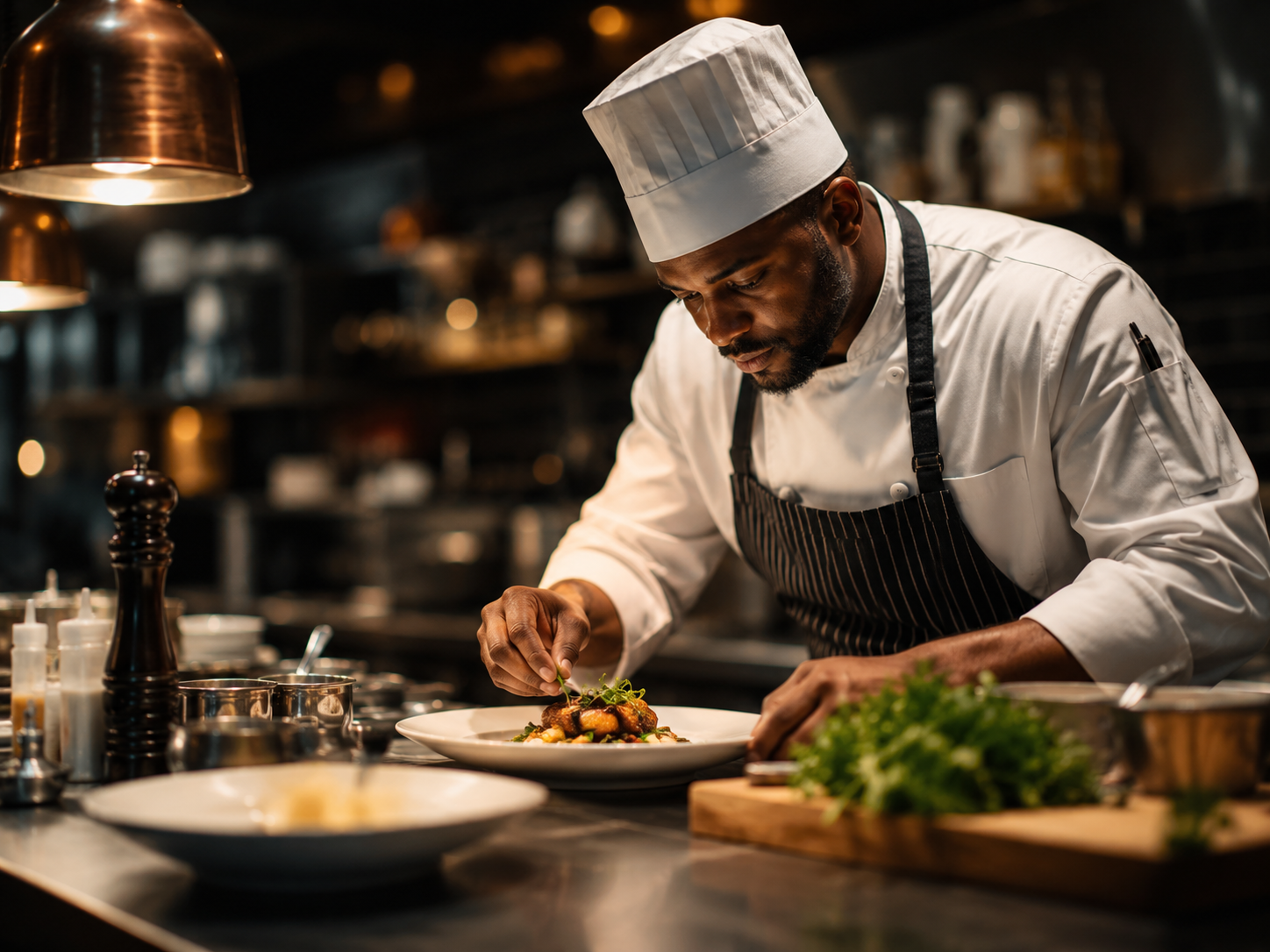 Restaurant chef plating food
